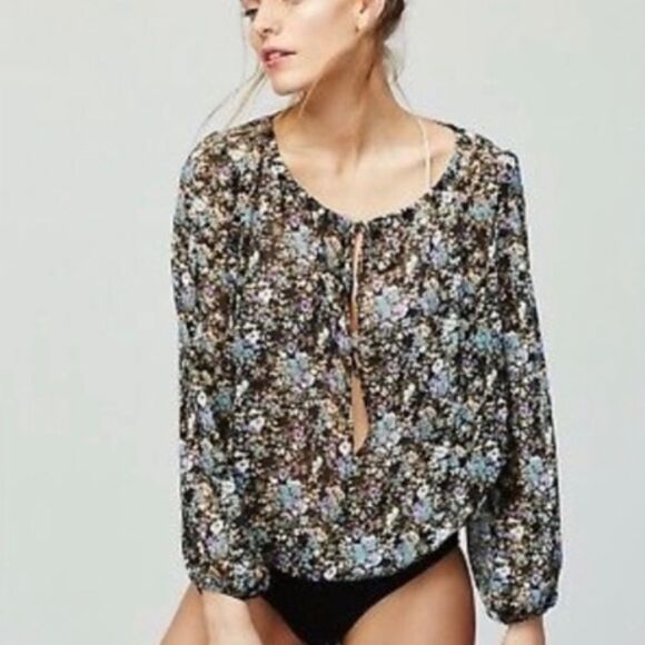 Free People Floral Blouse Bodysuit Deep Vneck Tie Neck Sz XS Intimately FP - Picture 15 of 15